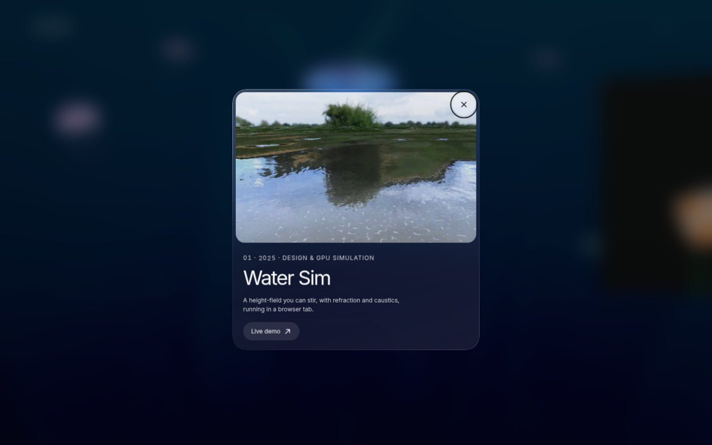 A project card opened over the dive (1440 px).