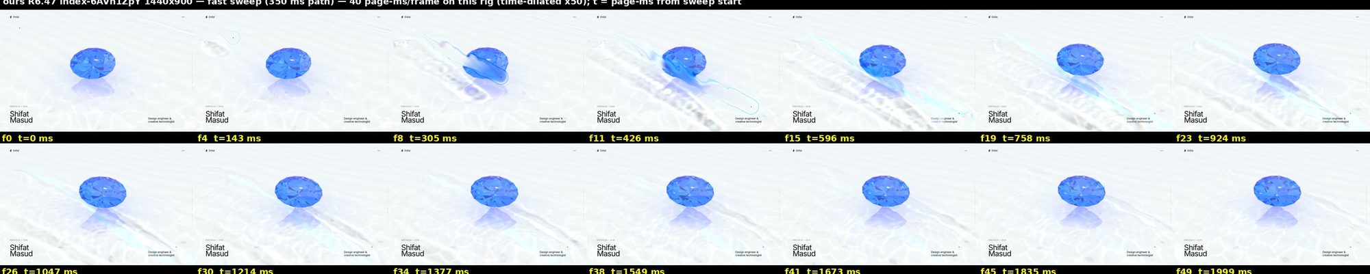 Frame-by-frame trail captures (a fast flick, time slowed 50×), used to tune the fade rates.